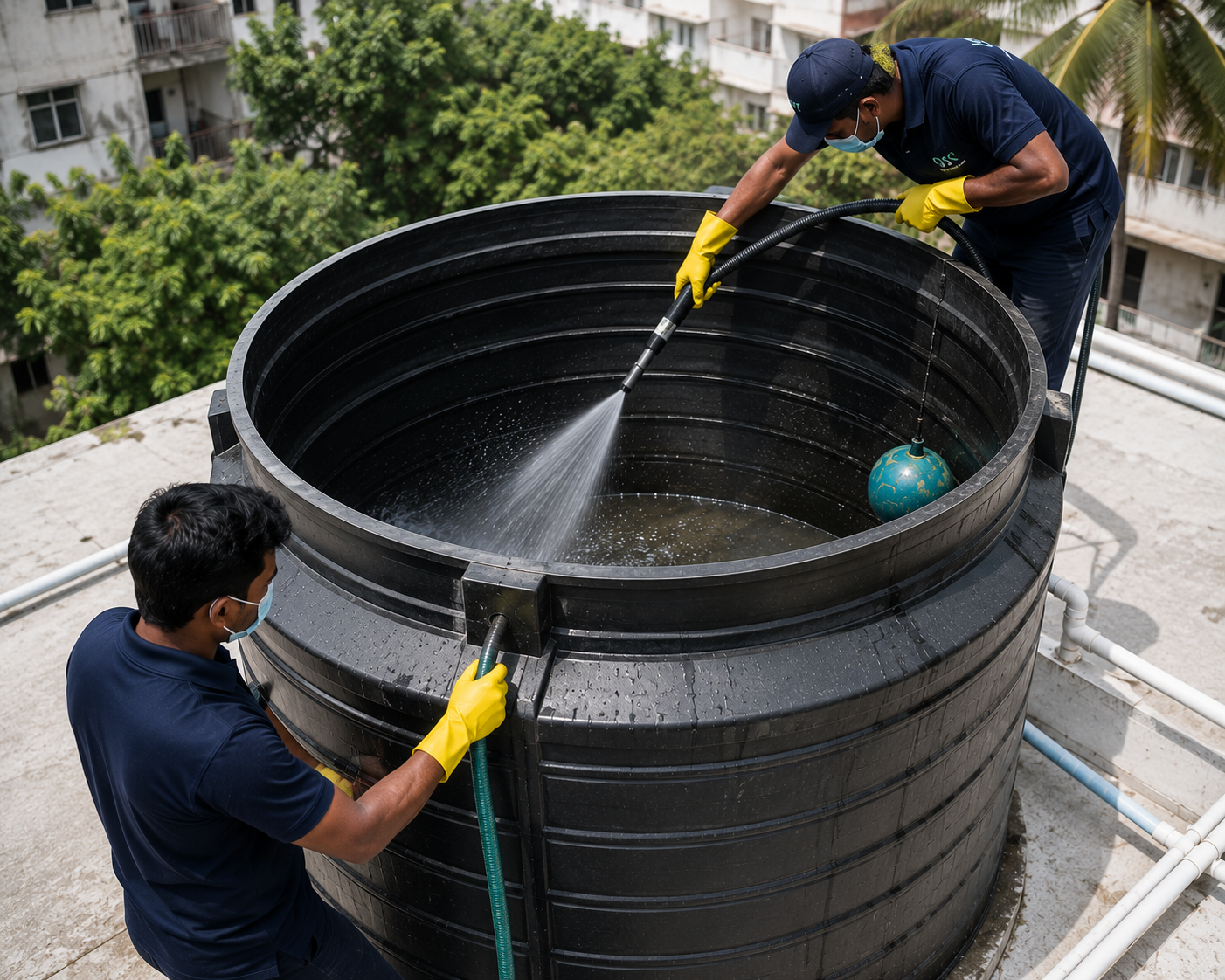 Water tank interior pressure cleaning